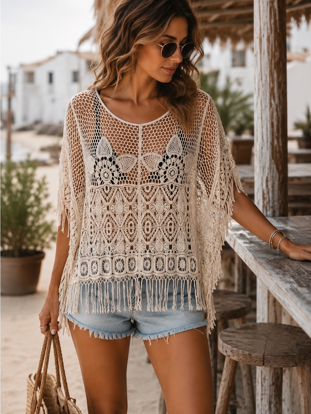 Cato Crochet Fringe Boho Tunic Top SZ L Beach Cover Up Festival